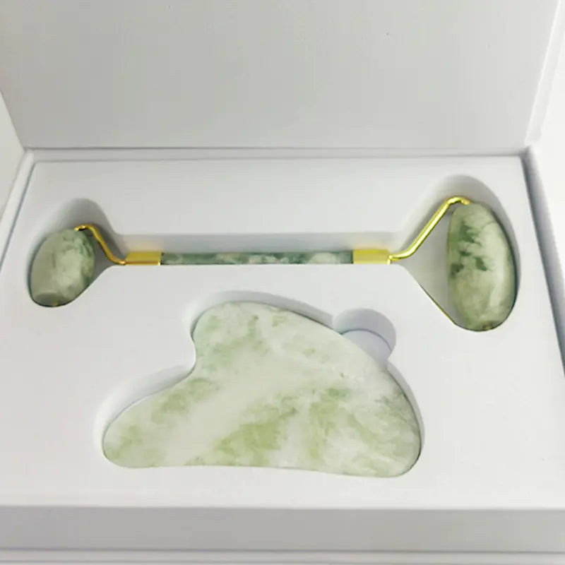 Gua Sha Tool & Jade Roller Sage Green and White Jade Set