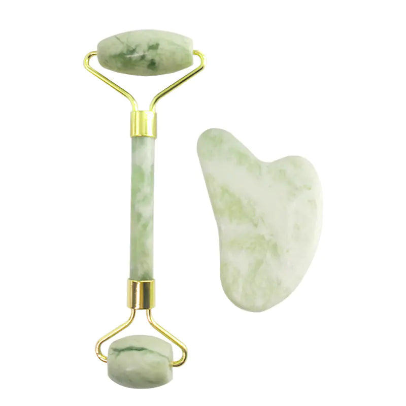 Gua Sha Tool & Jade Roller Sage Green and White Jade Set