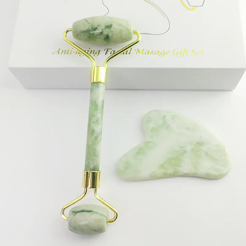 Gua Sha Tool & Jade Roller Sage Green and White Jade Set