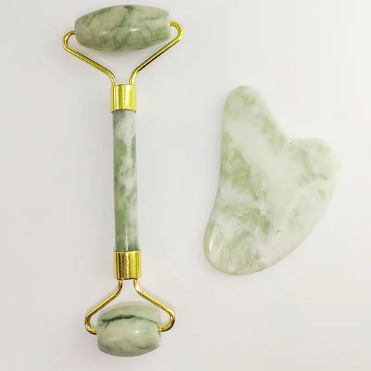 Gua Sha Tool & Jade Roller Sage Green and White Jade Set